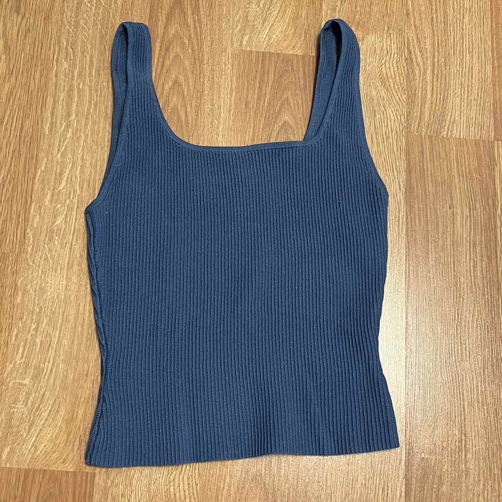 Babaton Sculpt Knit Blue Ribbed Fitted Tank Top